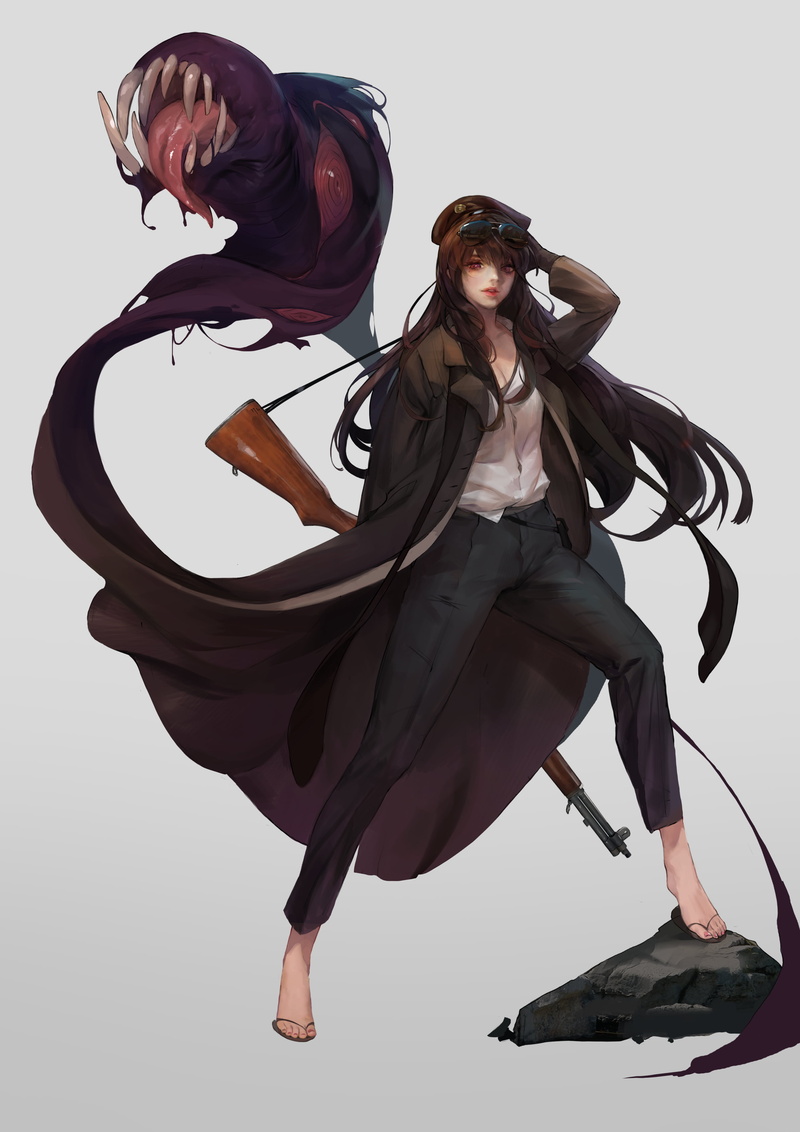 drawing, sandals, rifles, gloves, berets, creature, artwork, digital art, women, anime, sunglasses, 2K, brunette, anime girls, illustration, fantasy art