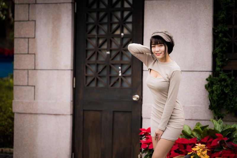 building, plants, women, door, model, berets, Asian, long hair, flowers, brunette, 4K, dress, looking at viewer