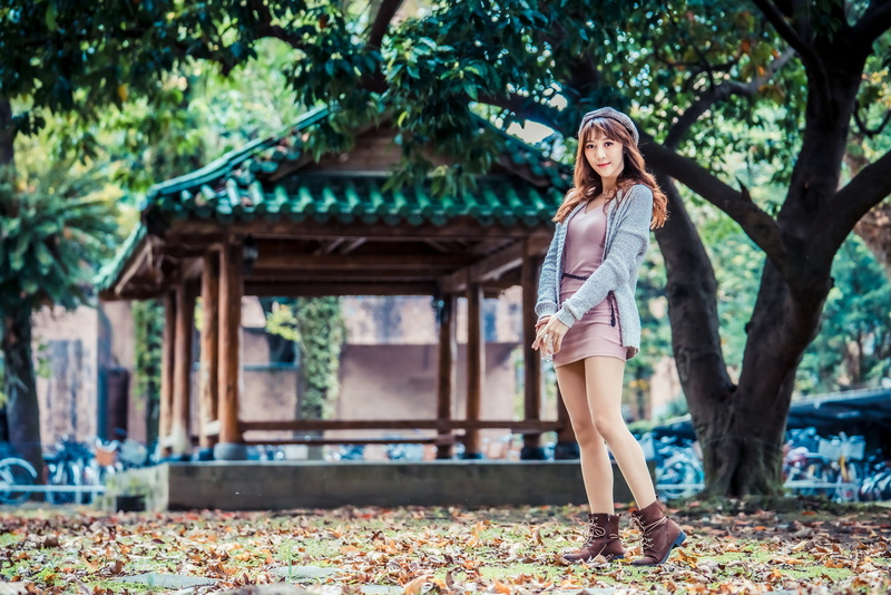 berets, shoes, women outdoors, trees, jacket, Asian, belt, long hair, minidress, depth of field, 4K, pavilion, model, leaves, women, brunette