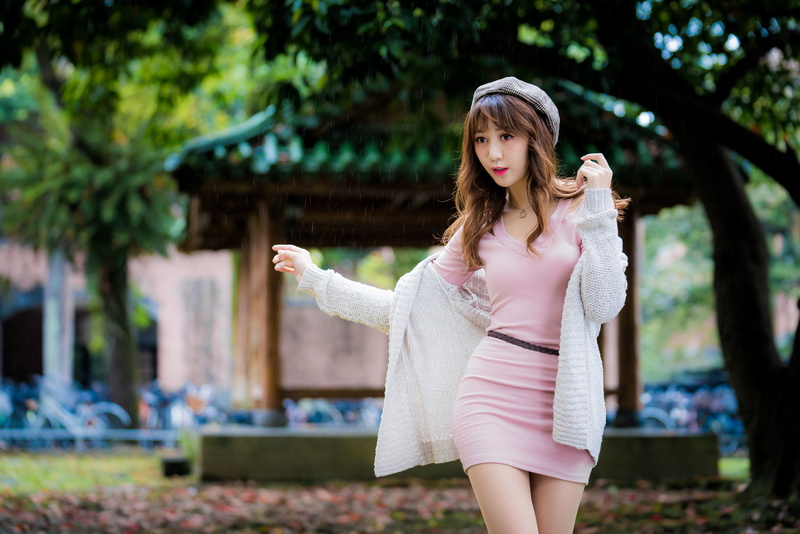 long hair, dress, berets, pink lipstick, rain, sweater, outdoors, 4K, looking away, Asian, brunette, women outdoors, pink dress, model, women
