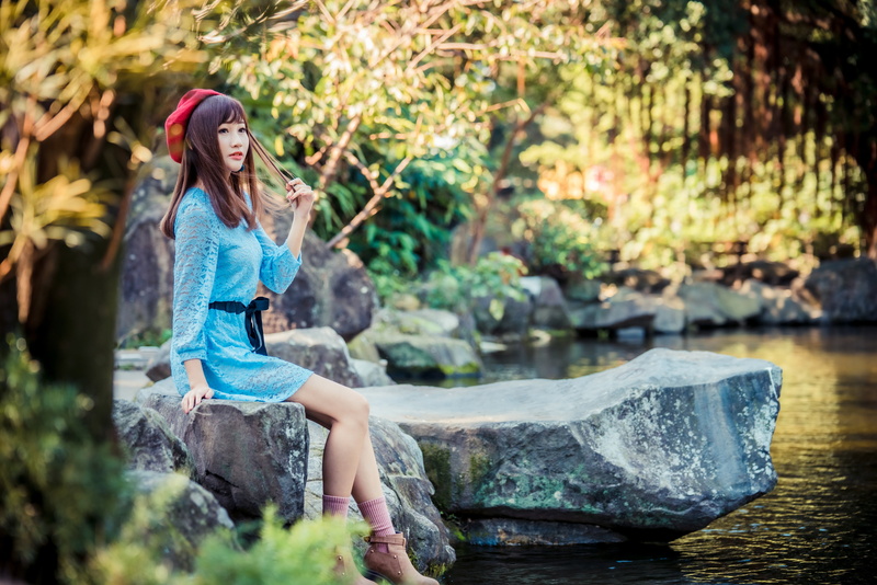belt, 4K, Asian, brown boots, leaves, depth of field, socks, model, lake, Bushes, long hair, brunette, rocks, sitting, branch, trees, women, berets