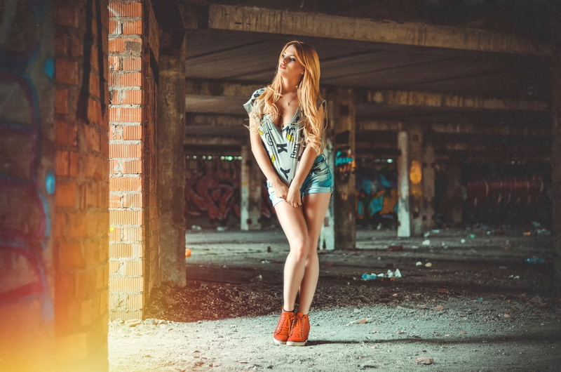 clothing, beauty, hairstyle, fashion, beautiful woman, young adult, outdoors, hair, architecture, abandoned, young women, ruin, women, full length, one person