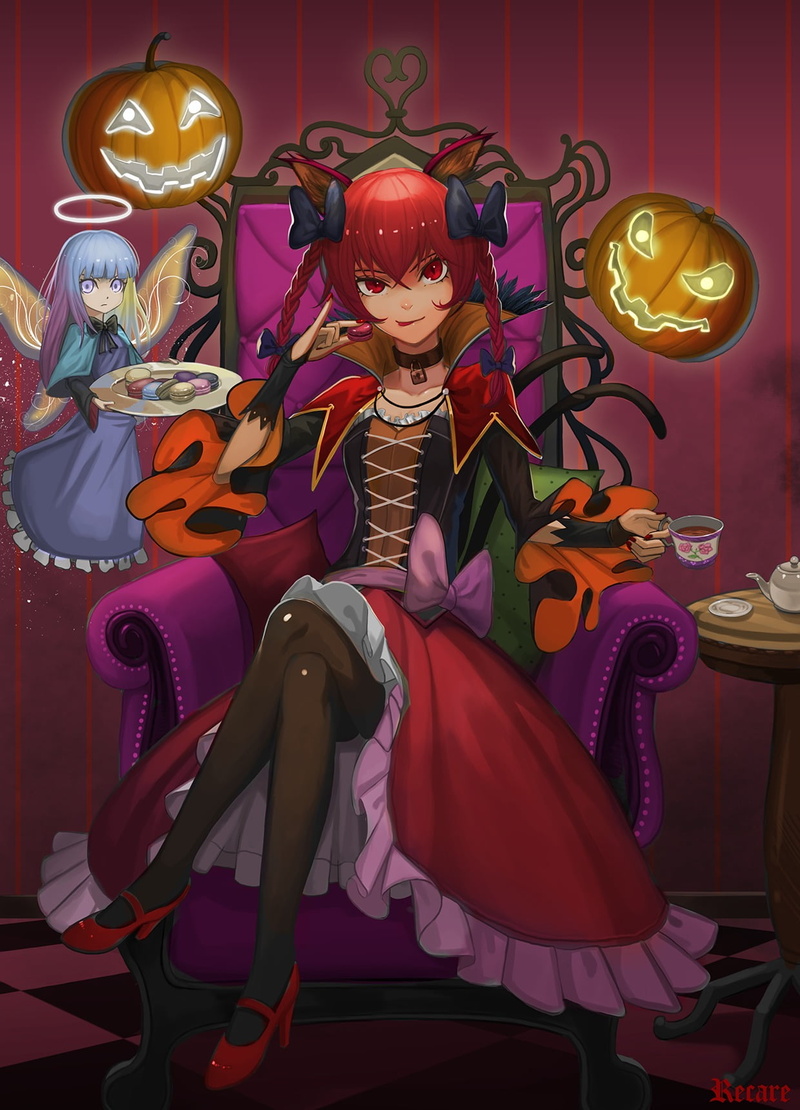 statue, female likeness, illuminated, representation, Halloween, anime girls, redhead, celebration, 720P, Touhou, anime, belief, religion, arts culture and entertainment