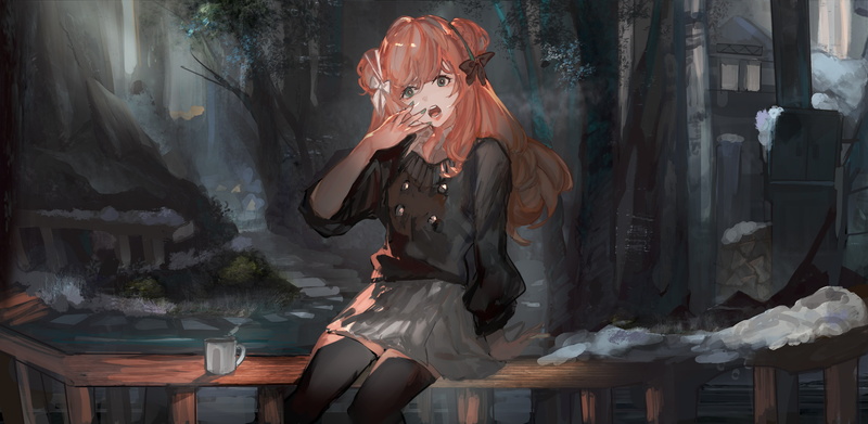 green eyes, long hair, painted nails, sitting, redhead, anime, cup, anime girls, open mouth, 4K
