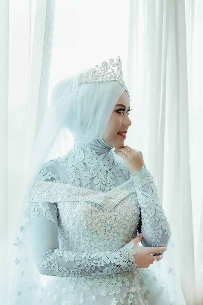 women, floral, hijab, one person, window, blue, wearing, fashion, women dress, adult, bride, beauty, dress, beautiful woman, near, clothing, wedding, young women