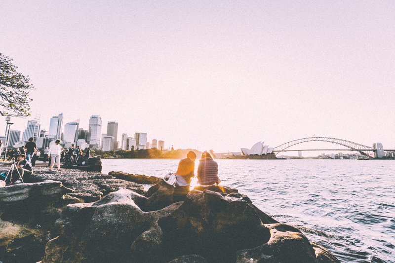 panorama, house, sunset, rock, body of water, shore, bridge, people, office building exterior, modern, uSA, connection, city, buildings, famous Place, beside