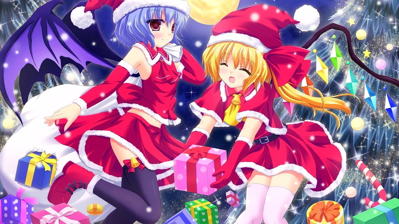 red, festival, presents, women, multi colored, Touhou, male likeness, men, costume, people, closed eyes, group of people, human representation, blonde