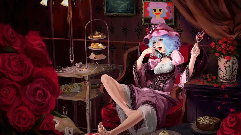 anime, short hair, 1080P, Touhou, hat, looking at viewer, Remilia Scarlet, anime girls, open mouth