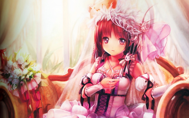 pink, haired, Girl, Dress, red, Cute, Anime, 1080P
