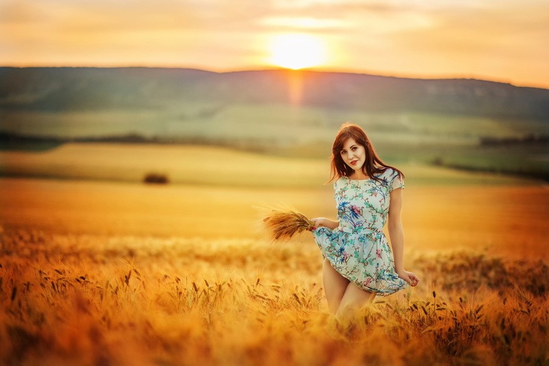 dress, 1080P, long, hair, field, long hair, women, 2048x1367, bokeh