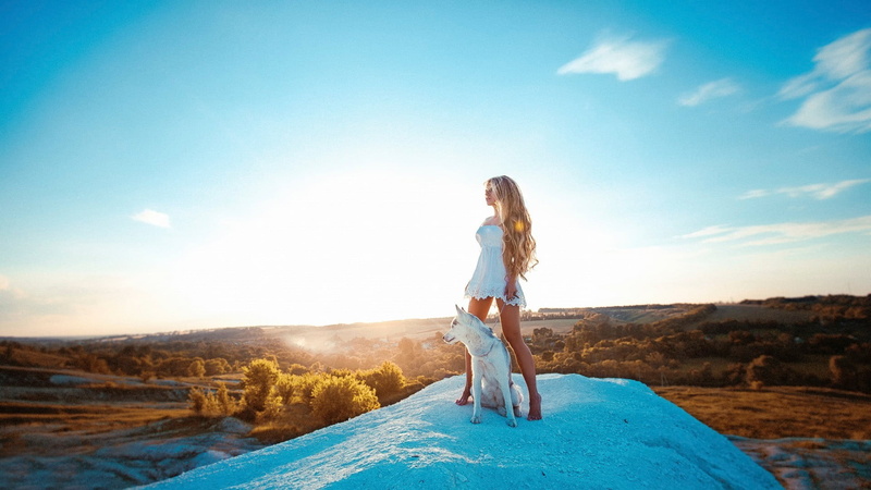 nature, young women, full length, white, women outdoors, vacations, dress, freedom, s, 1080P, hair, animals, beauty in nature, model, cloud - sky, dog