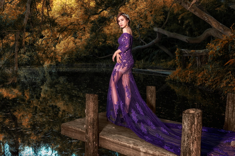 dress, hem, Park, autumn, lilac, bridges, the bridge, lake, water, leaves, purple, pond, girl, beauty, branches, feet, Asian, reflection, look, pier, pose
