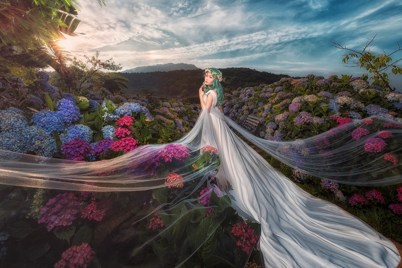clouds, background, blue, fabric, dress, hair, the bushes, 1080P, the bride, hills, outfit, long, garden, a lot, the evening, beauty, white, veil, hem
