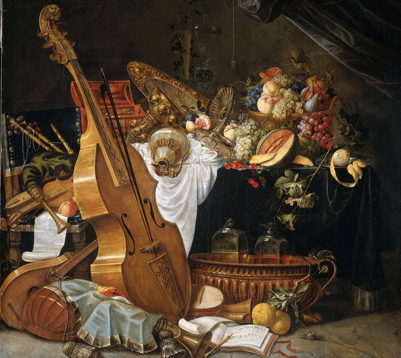 fruit, musical instruments, Cornelis de hem, picture, 1080P, Still life
