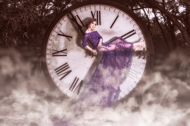 dial, photoshop, girl, lilac, trees, style, arrows, clouds, hem, branches, pose, 1080P, figures, fog, sitting, dress, round, purple, collage, watch, look
