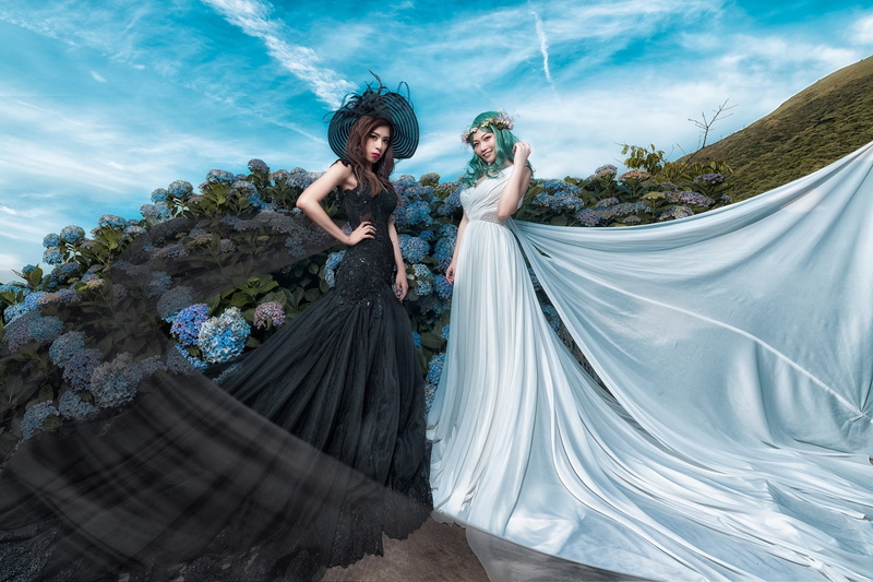 black, garden, wreath, pose, 1080P, flying, flowers, the sky, clouds, hydrangea, hem, two, white, hill, hair, background, Asian girls, style, nature, blue