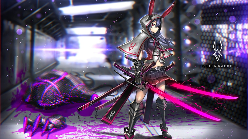 indoors, creativity, night, katana, armor, event, lighting equipment, no people, light - natural phenomenon, red eyes, illuminated, skirt, gloves, focus on foreground