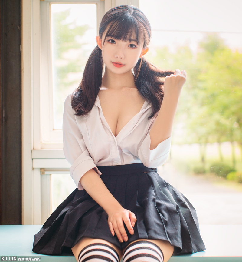 looking at viewer, model, knee-highs, women, Asian, pigtails, sitting, Ning Shioulin, women indoors, depth of field, brunette, portrait, 1080P, skirt