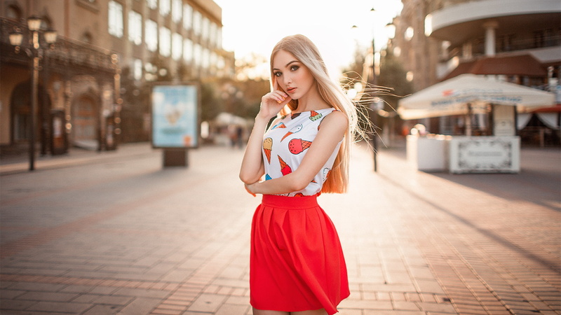 Sergey Shatskov, women outdoors, portrait, long hair, red skirt, women, blue eyes, skirt, street, 1080P, hand on face, face, bokeh, blonde