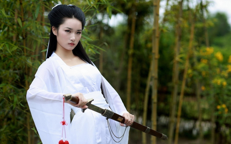 brunette, Chinese dress, China, women outdoors, women, model, bamboo, nature, trees, hanfu, Asian, 1080P, white dress, long hair