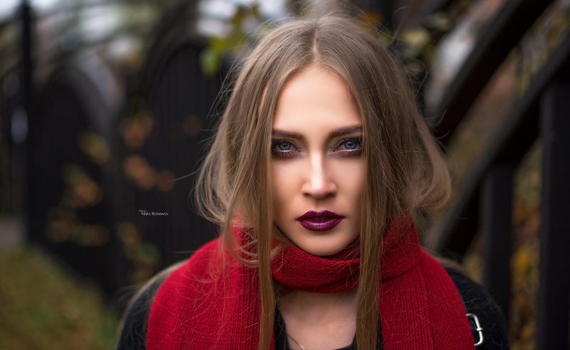 scarf, Maksim Romanov, young women, teenager, face, outdoors, looking at camera, depth of field, hair, brown hair, one person, beauty, beautiful people