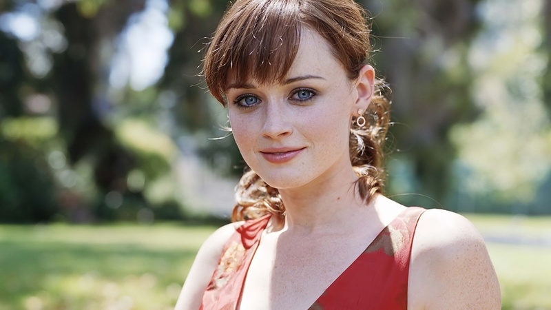 blue eyes, Alexis Bledel, grass, sitting, celebrity, smiling, women, red dress, freckles, sunlight, 1080P, face, actress, brunette, portrait