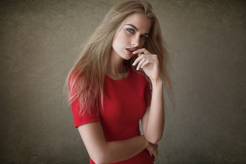 one person, indoors, simple background, Dmitry Sn, fashion, contemplation, hairstyle, blond hair, finger on lips, 1080P, wall - building feature, waist up