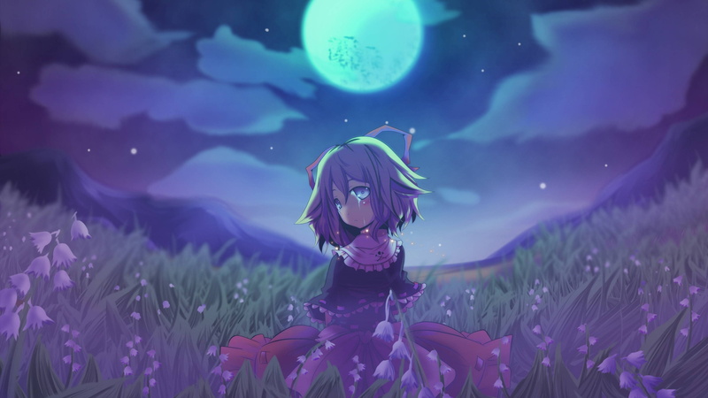 crying, Anime, rumia, moon, touhou, stars, field, 4K, tears