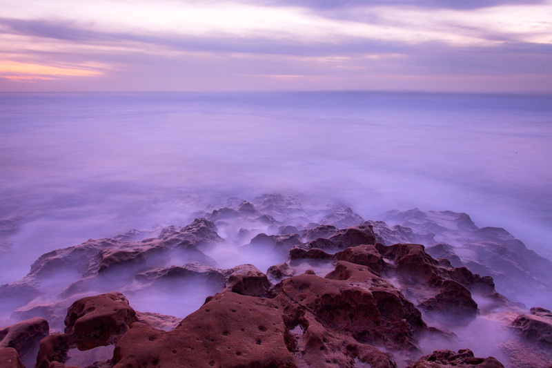 horizon, coast, tranquil scene, ocean, sky, 4K, purple, solid, sea, land, beach, dusk, water, dawn, scenics - nature, seashore, sunset, tranquility, rock
