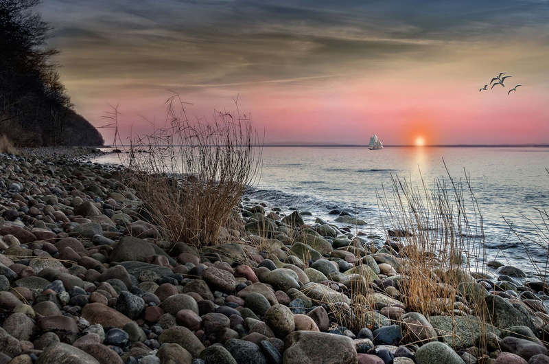 coastline, water, scenic, cloud - sky, sea, seaside, shore, beauty in nature, trees, tranquil scene, sky, dusk, idyllic, land, nature, tranquility, pebble