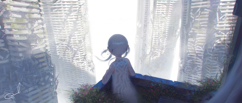 plant, curtain, day, buildings, scenic, indoors, clothing, 720P, white hair, rear view, apocalypse, anime girl, waist up, leisure activity, ruins, real people
