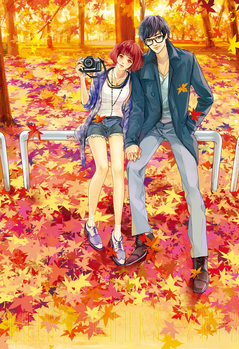 camera, dress, boy, yellow, hair, couple, red, pretty, girl, short, autumn, glasses, 1080P, leaves