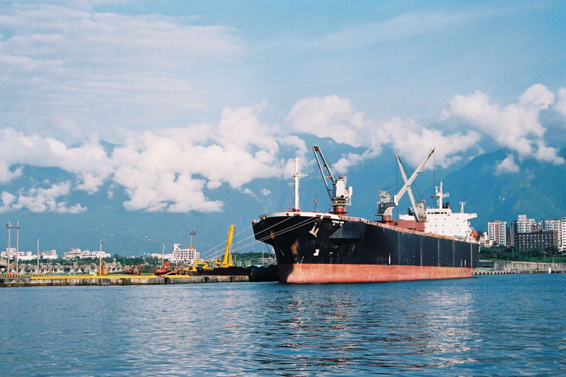 architecture, outdoors, nautical vessel, machinery, harbor, 2K, waterfront, pier, ship, hualien, sky, commercial dock, coastal mountains, water, transportation
