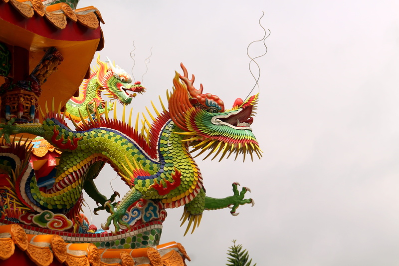 chinese dragon, belief, temple, statue, chinese temple, green, festival, low angle view, outdoors, no people, representation, day, architecture, chinese new year