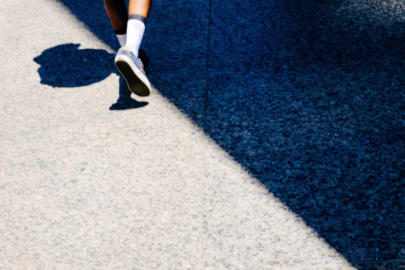 adult, day, walker, low section, shadow, foot, blue, body part, women, copy space, closeup, shoe, step, street, outdoors, outdoor, motion, human body part
