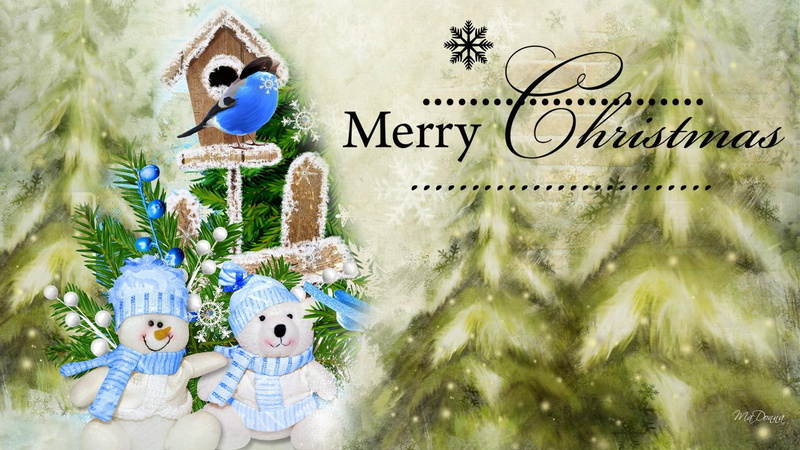 bird houjse, whimsical, christmas, bird, snowflakes, teddy, snowman, tree, frost, 1080P, feliz navidad, teddy bear, bear