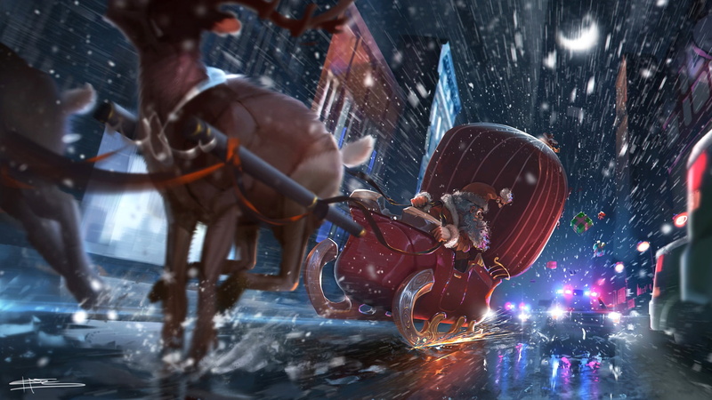 Santa, Police, Holiday, 1080P, Rain, Sleigh, Christmas