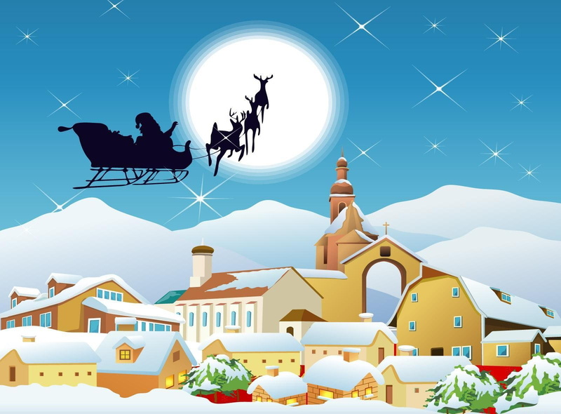 houses, flying, santa claus, claus, 720P, moon, santa, city, sleigh