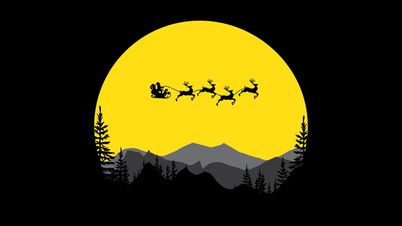 Black, Christmas, Sleigh, 8K, Santa, Silhouette, Holiday, Minimalist, Reindeer