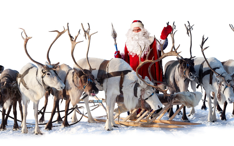 claus, santa, sleigh, reindeer, 2K