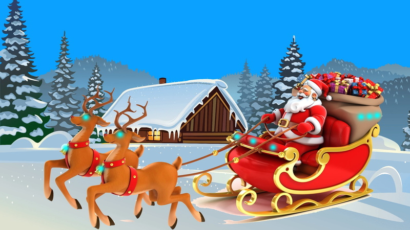 Santa, Cabin, Snow, Christmas, Holiday, Tree, Sleigh, Reindeer, 2K