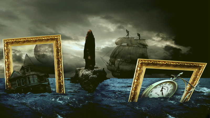 mystical, magic, male likeness, men, mysterious, outdoors, mystery, creative, sky, transportation, illusion, representation, clock, sea, built structure