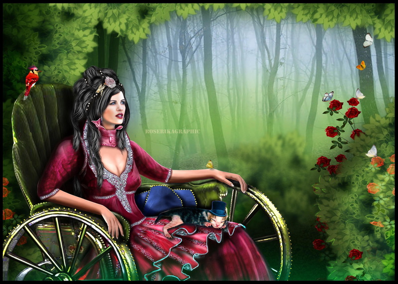 women, fantasy, model-female, green, butterflies, lady, carriage, 2K, photomanipulation, digital-art, weird-things-people-wear