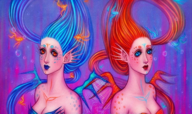 girls, weird-things-people-wear, drawings, hair, fishes, sister-mermaids, mermaids, sister, colors, paintings, faces, 720P