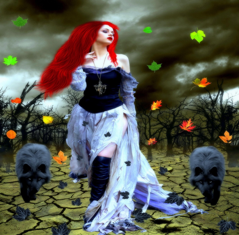 fantasy, leaves, creative-pre--made, hair, dark, death, wolves, 2K, beautiful, backgrounds, model, halloween, digital-art, gothic