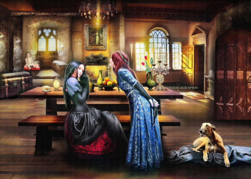 meeting-medieval, beautiful-girls, models, digital-art, reunion, hair, medievale, colors, creative-pre--made, 2K, softness-beauty