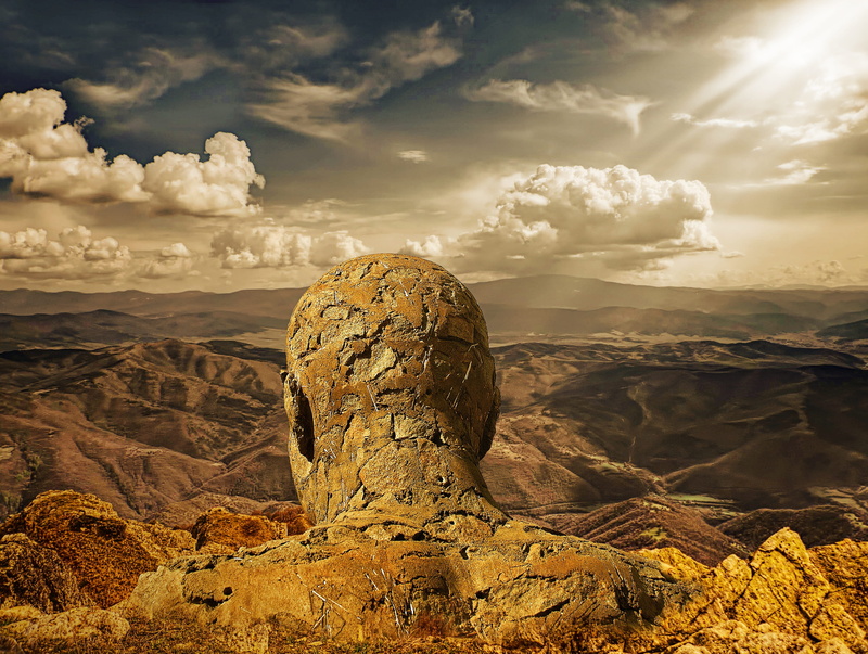 stone head, physical geography, dream landscape, rock - object, travel, landscape, scenics - nature, arid climate, head, photomanipulation, no people