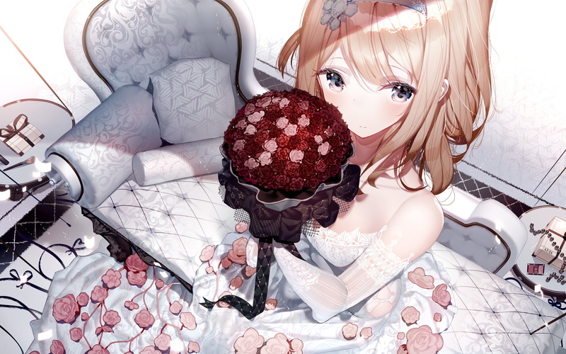 anime, blonde, Suomi (Girls Frontline), dress, bouquets, Atha, blushing, digital art, looking at viewer, fan art, artwork, 1080P, illustration, flowers