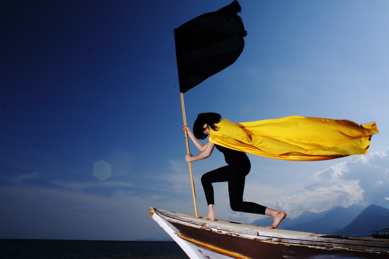 nautical vessel, yellow, art, men, black, woman, society, perseverance, fashion, model, transportation, sky, horizon over water, pirate, 4K, young, water