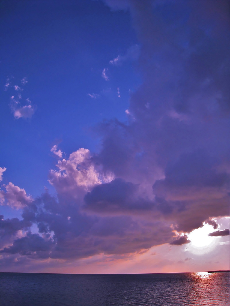 Sea, cloud - sky, water, Sky, scenics, okinawa, waterfront, remote, blue sky, south island, Evening, outdoors, sunset, cloud, beauty in nature, purple